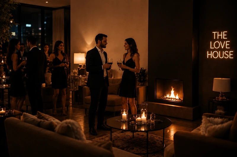 Elegant indoor lounge event with stylish singles enjoying cocktails beside a fireplace at The Love House Australia.