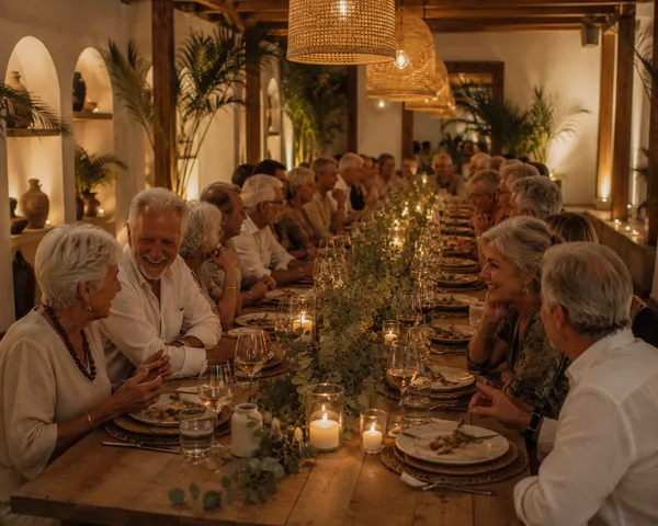 Senior singles enjoying conversation and dinner at a social event in Southern Highlands
