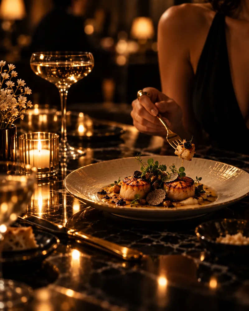 Elegant dining experience with refined food and candlelight