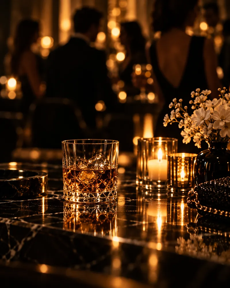 Elegant social evening with cocktails and warm ambient lighting